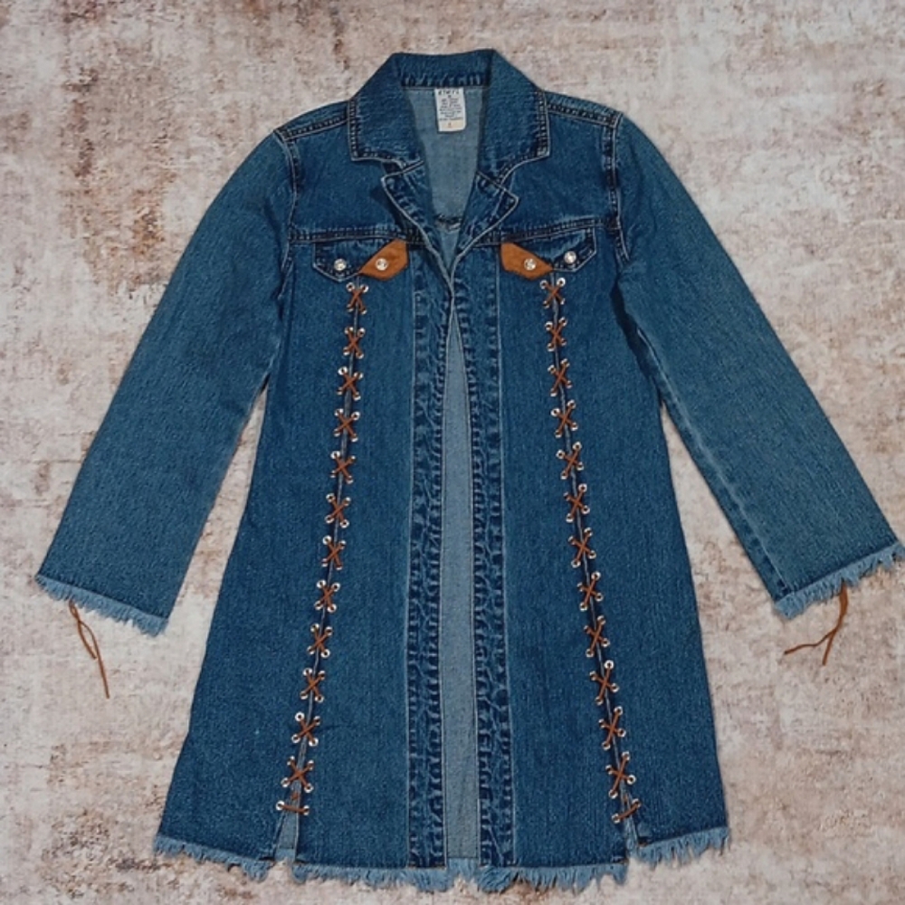 Vintage Open Front Boho Denim Western Jacket Cowgirl Style Womens Size Small
